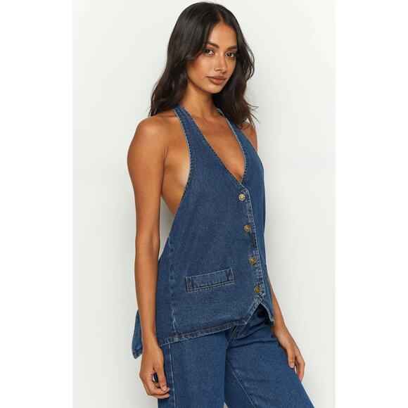 Lioness Hill Blue Halter Open Back Pocket Sleeveless Button Up Denim Jean Top XS - Picture 1 of 5